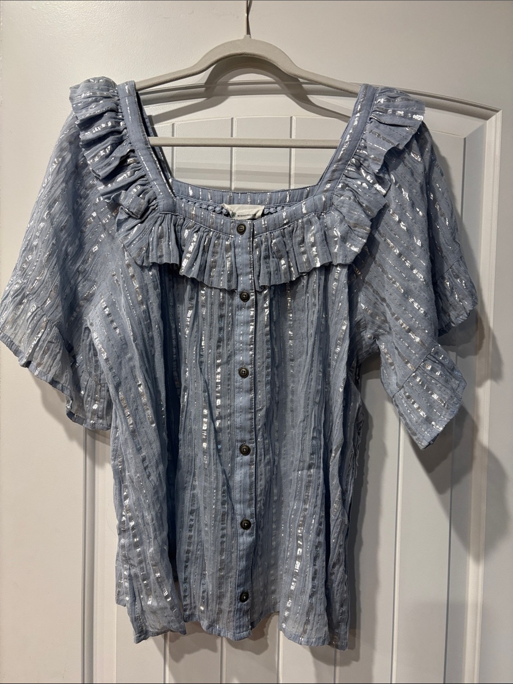 Anthropologie Light Grey Blouse with Silver Shimmery Stripes